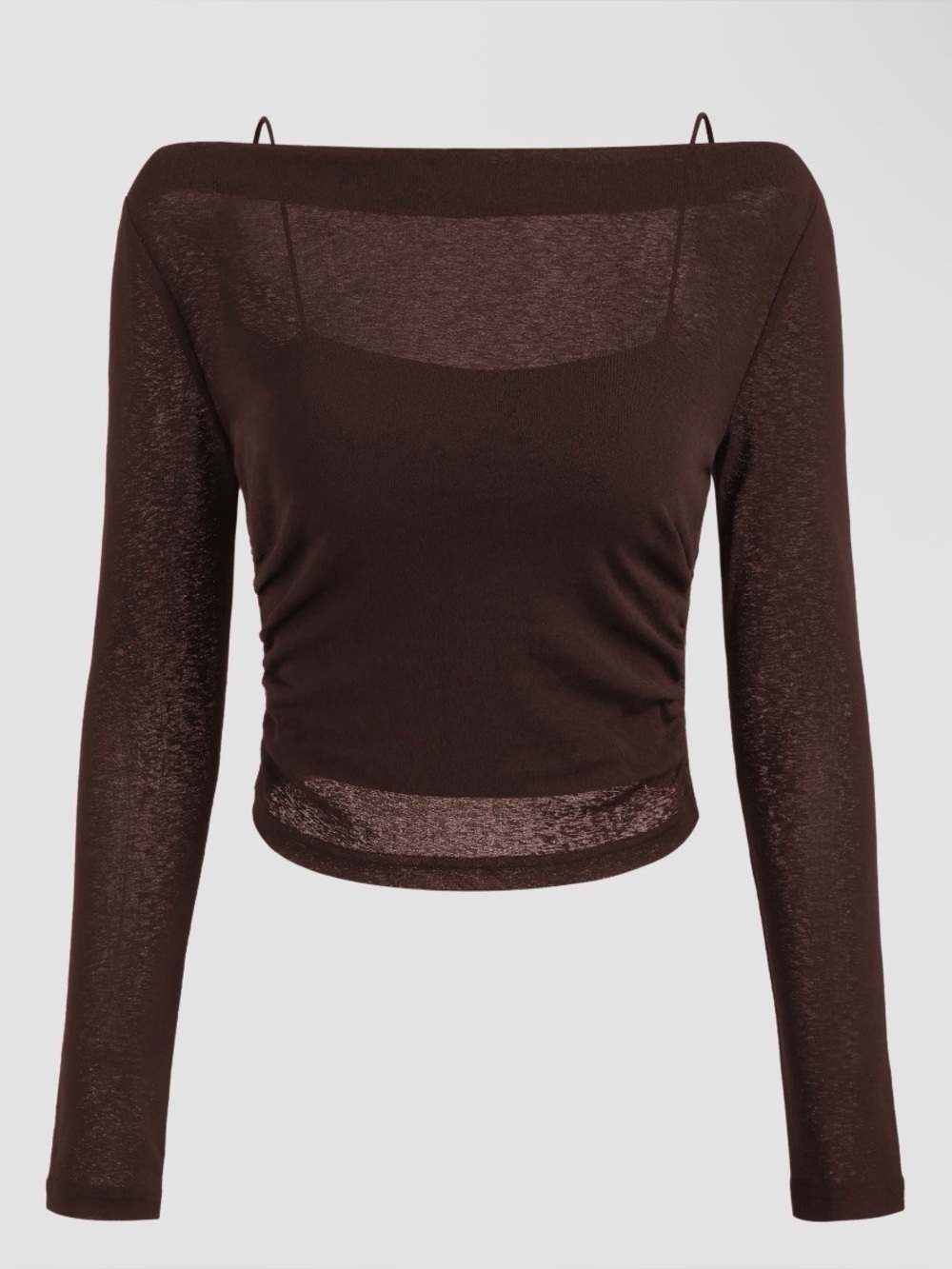 Cider Brown Sheer Long Sleeve Off-Shoulder Crop Top